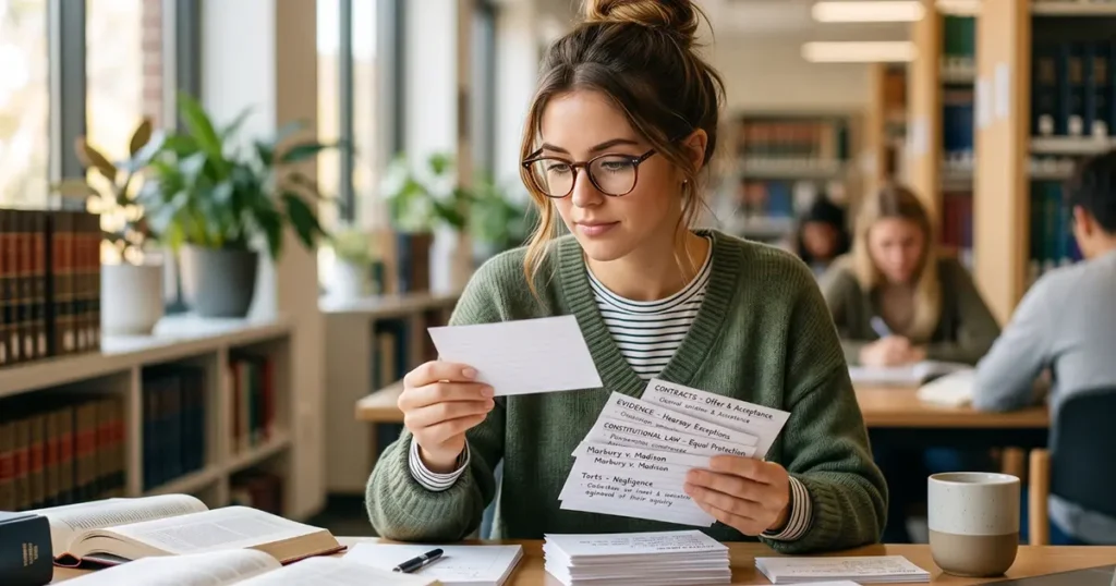 A focused female law student studying bar exam flashcards in a library, illustrating the need for active recall and effective memorization techniques.