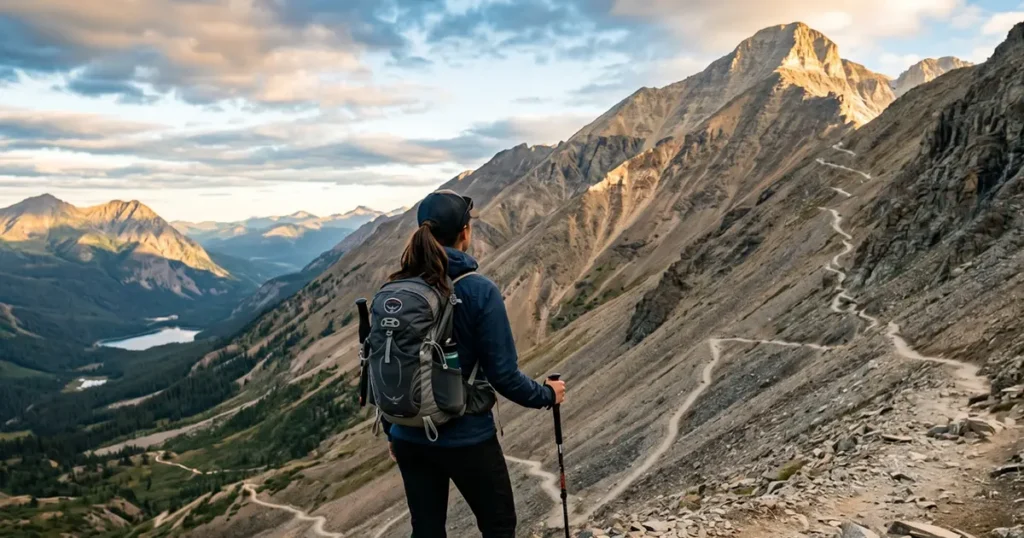A female hiker with a backpack looking up at a steep mountain trail, symbolizing the psychological endurance and strategic planning required to pass the bar exam.