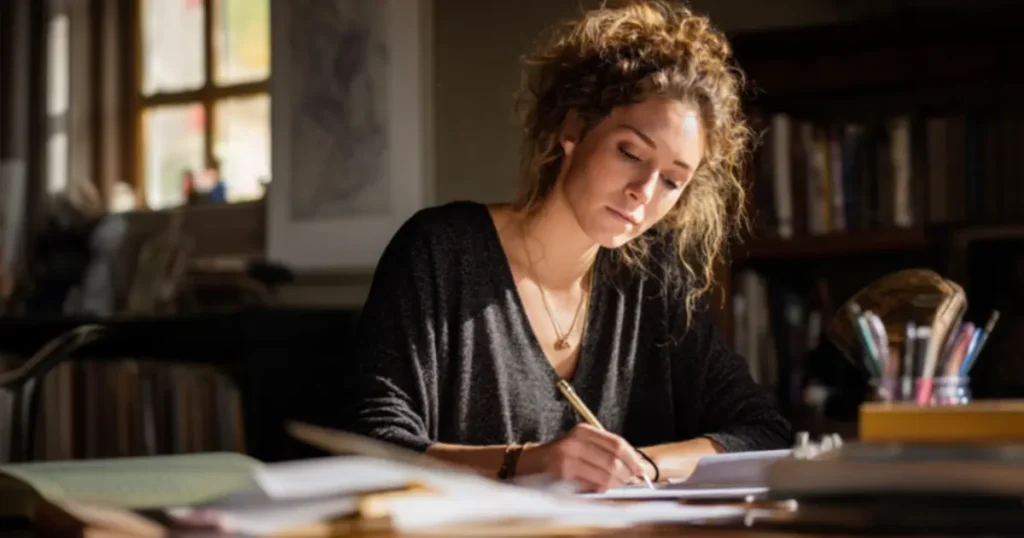 A dedicated law student writing a practice essay at a desk.