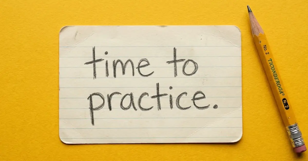 A handwritten index card reading "time to practice" next to a yellow pencil, emphasizing the shift from passive studying to active bar exam practice.