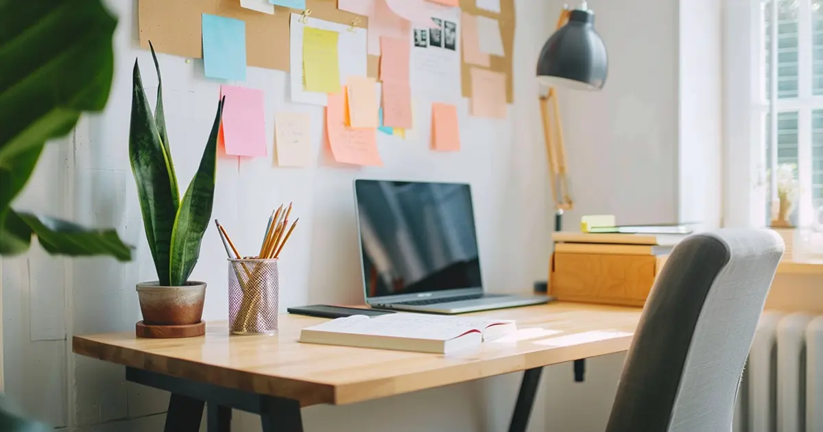 A well-lit bar exam study space featuring a wooden desk, laptop, and a wall covered in colorful sticky notes, illustrating visual memorization techniques