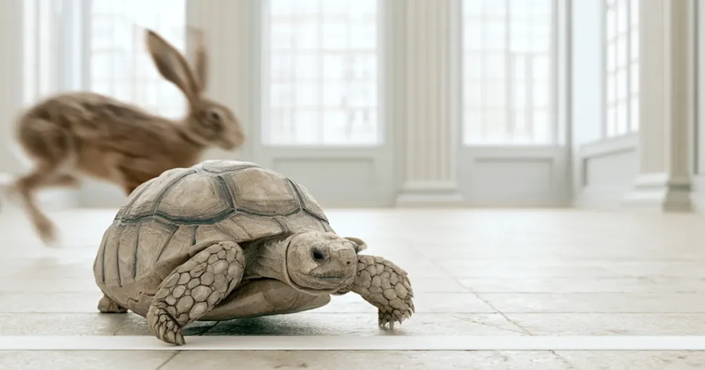 A tortoise steadily crossing a finish line while a blurred hare rushes behind, symbolizing the importance of steady pacing and bar exam time management.