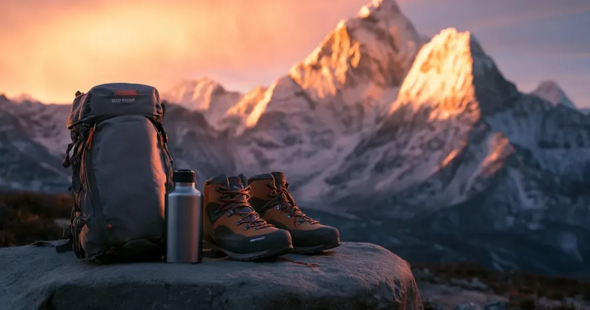 A packed backpack, water bottle, and hiking boots resting on a rock before a majestic mountain peak, symbolizing the preparation and gear needed for your bar exam day checklist.