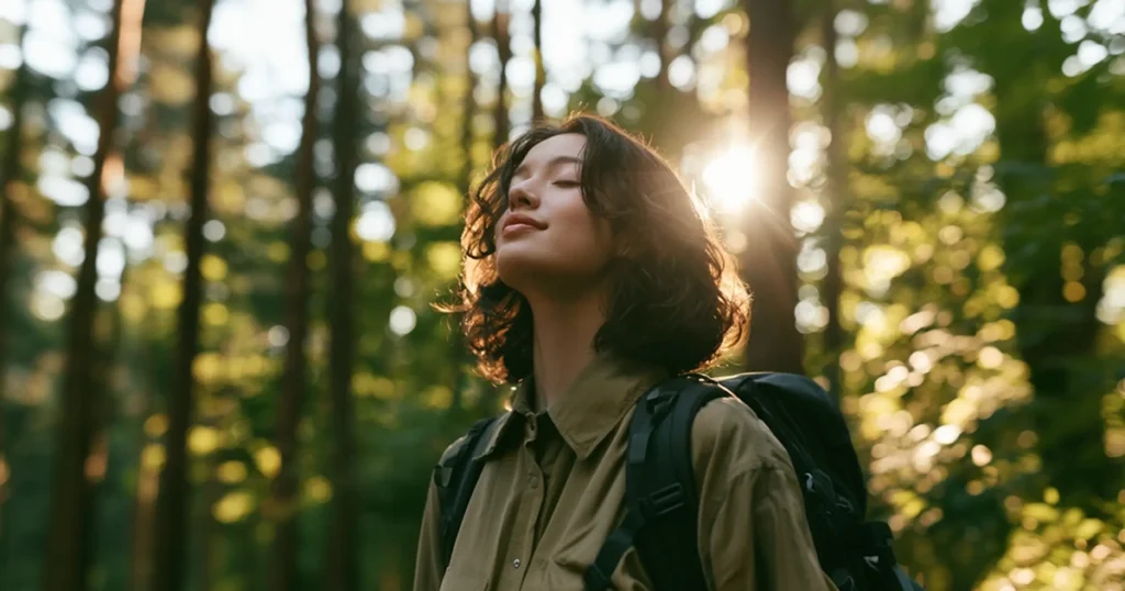 A young woman standing peacefully in a lush forest taking a deep breath, evoking a sense of mental rest to help cope with the anxiety of feeling like she failed the bar exam.