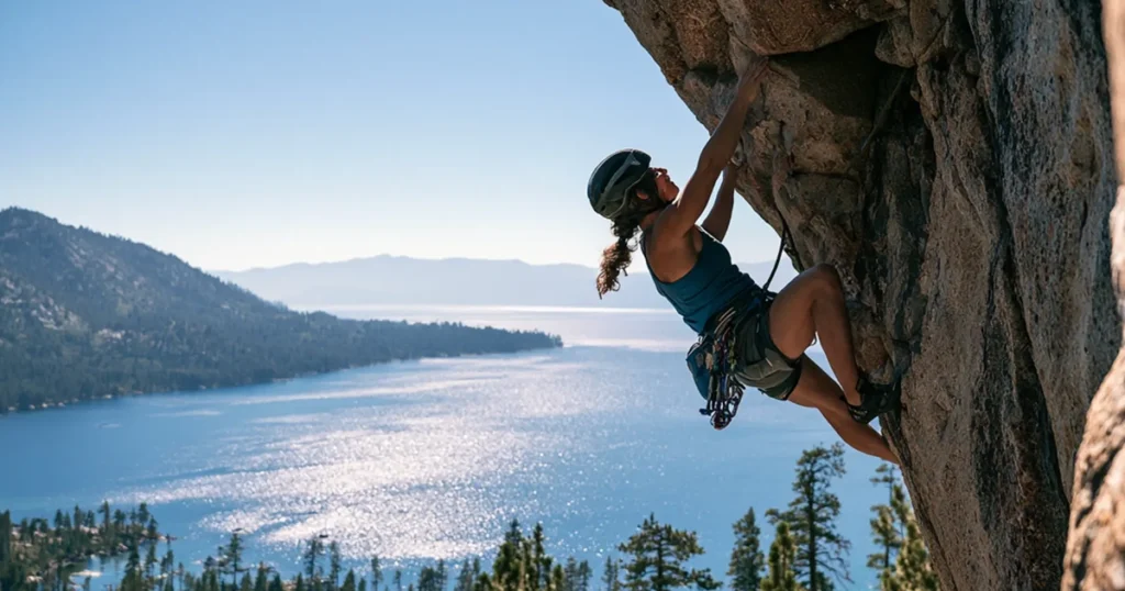 A female rock climber scaling a steep, challenging cliff face above a blue lake, representing the intense focus and flow state recommended to help overcome the post-bar blues.
